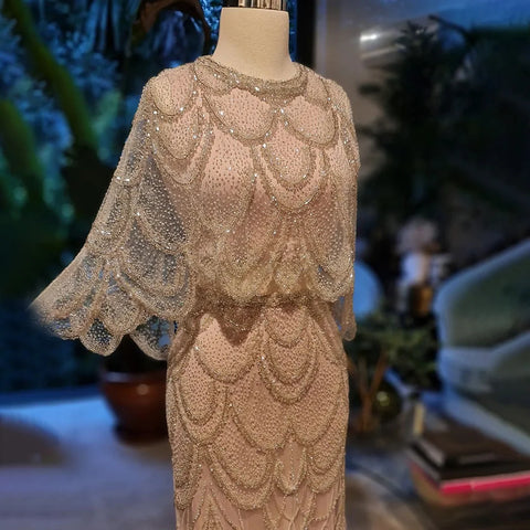 Robe de soirée deux pièces de luxe couleur chair ornée de perles LA72462