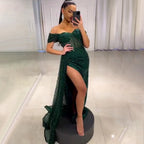 Black Mermaid High Split Evening Dresses Gowns 2025 Elegant Overskirt For Women Party LA71661