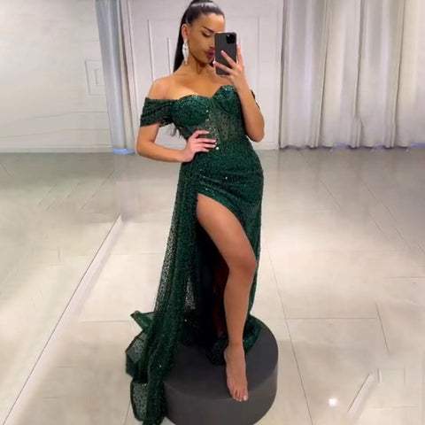 Black Mermaid High Split Evening Dresses Gowns 2025 Elegant Overskirt For Women Party LA71661