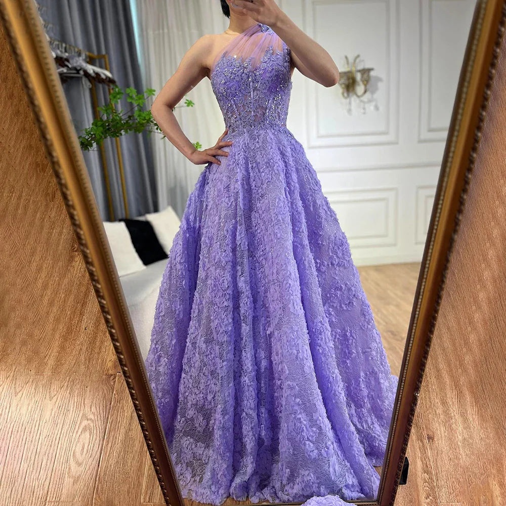 Vestido de fiesta de lujo con apliques de encaje, corte asimétrico, un solo hombro, color lila árabe, modelo LA72619 (2025) 