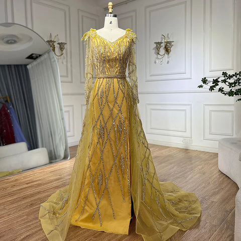Muslim Gold Mermaid  With Overskirt Beaded Luxury Dubai Evening Dresses Gowns 2025 For Women Wedding Party LA72211