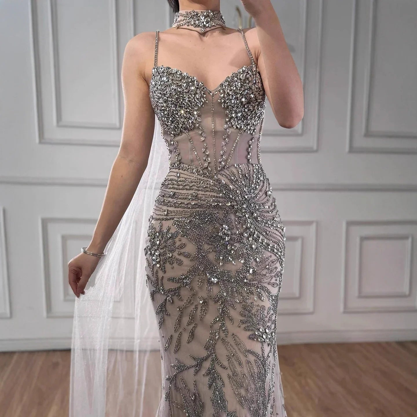 Luxury Evening Dress Grey Beaded With Cape LA73342