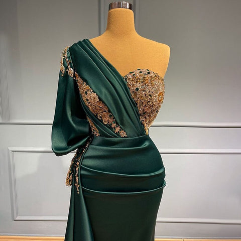 Green Mermaid Elegant Sexy One ShoulderSatin Evening Dresses Gowns Luxury Beaded  2025 For Women Party LA71706