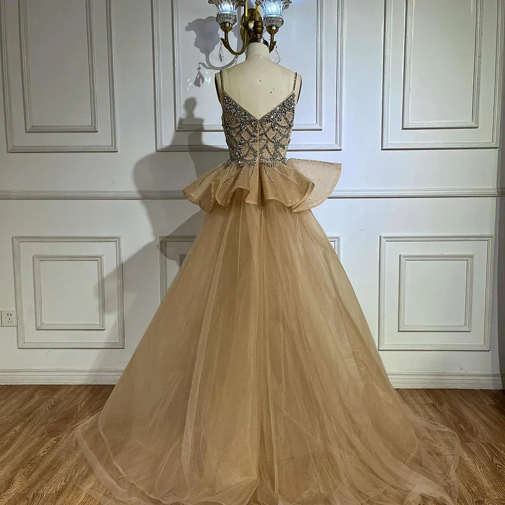 Vestidos de noche color nude con tirantes finos y cuentas, estilo saudí, con sobrefalda, para ocasiones formales LA72810 