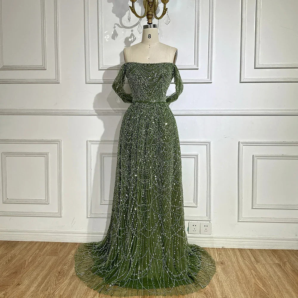 Vestido de noche corte A, color nude, con hombros descubiertos y diseño con perlas para ocasiones formales (LA72738A)