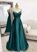 Vestido de fiesta largo hasta el suelo de satén verde árabe, corte en A, tirantes finos y pliegues, modelo LA72684 (2025) 