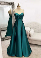 Vestido de fiesta largo hasta el suelo de satén verde árabe, corte en A, tirantes finos y pliegues, modelo LA72684 (2025) 