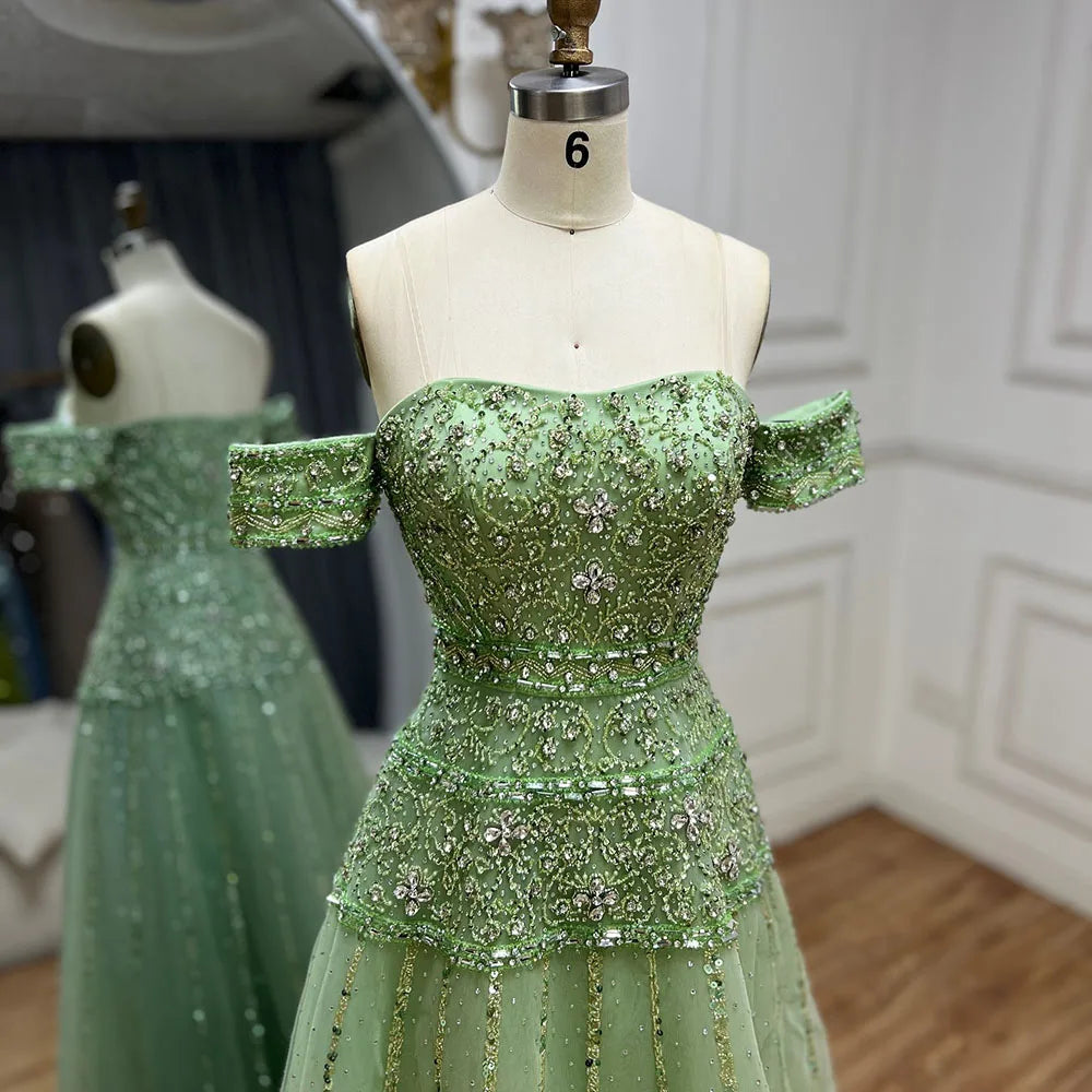 Vestido de noche de lujo color caramelo con hombros descubiertos, corte en A y cuentas, modelo LA72709, para ocasiones formales (2025) 