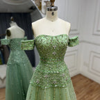 Vestido de noche de lujo color caramelo con hombros descubiertos, corte en A y cuentas, modelo LA72709, para ocasiones formales (2025) 