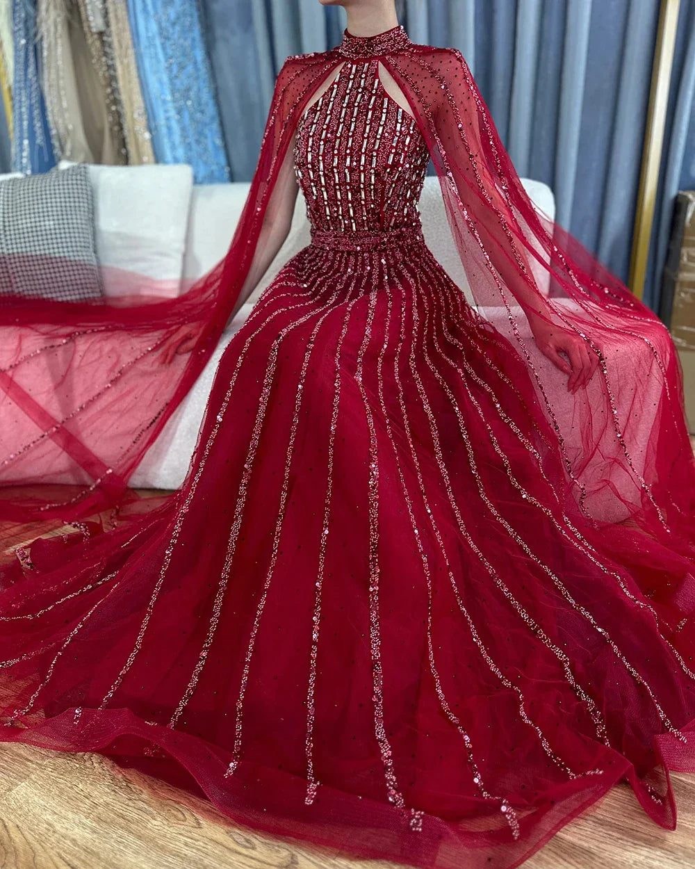 Robe de soirée de luxe style arabe turquoise, coupe trapèze, manches cape, perles, style Dubaï, pour femmes, fête de mariage, 2025, LA72306A 