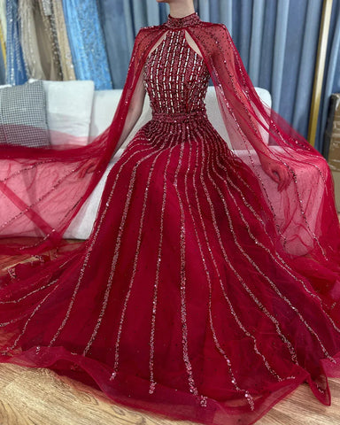 Robe de soirée de luxe style arabe turquoise, coupe trapèze, manches cape, perles, style Dubaï, pour femmes, fête de mariage, 2025, LA72306A 