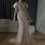 Arabic Dubai Nude Mermaid Luxury Evening Dresses Gowns Boat Neck Beaded Tassel For Women Wedding Party 2025 LA72260