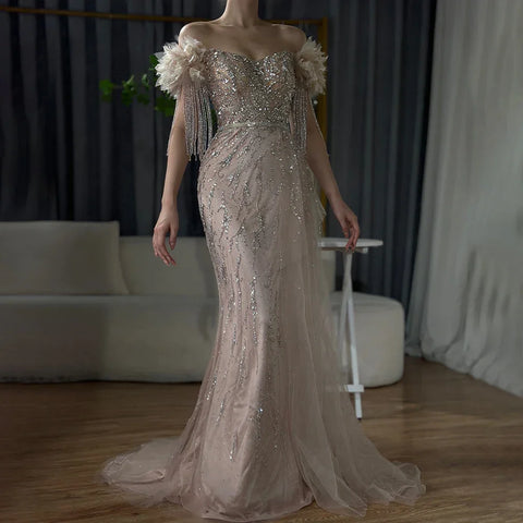 Vestidos de noche de lujo estilo sirena color nude, estilo árabe de Dubái, con cuello barco, borlas y cuentas, para mujer, ideales para bodas y fiestas (2025) LA72260 