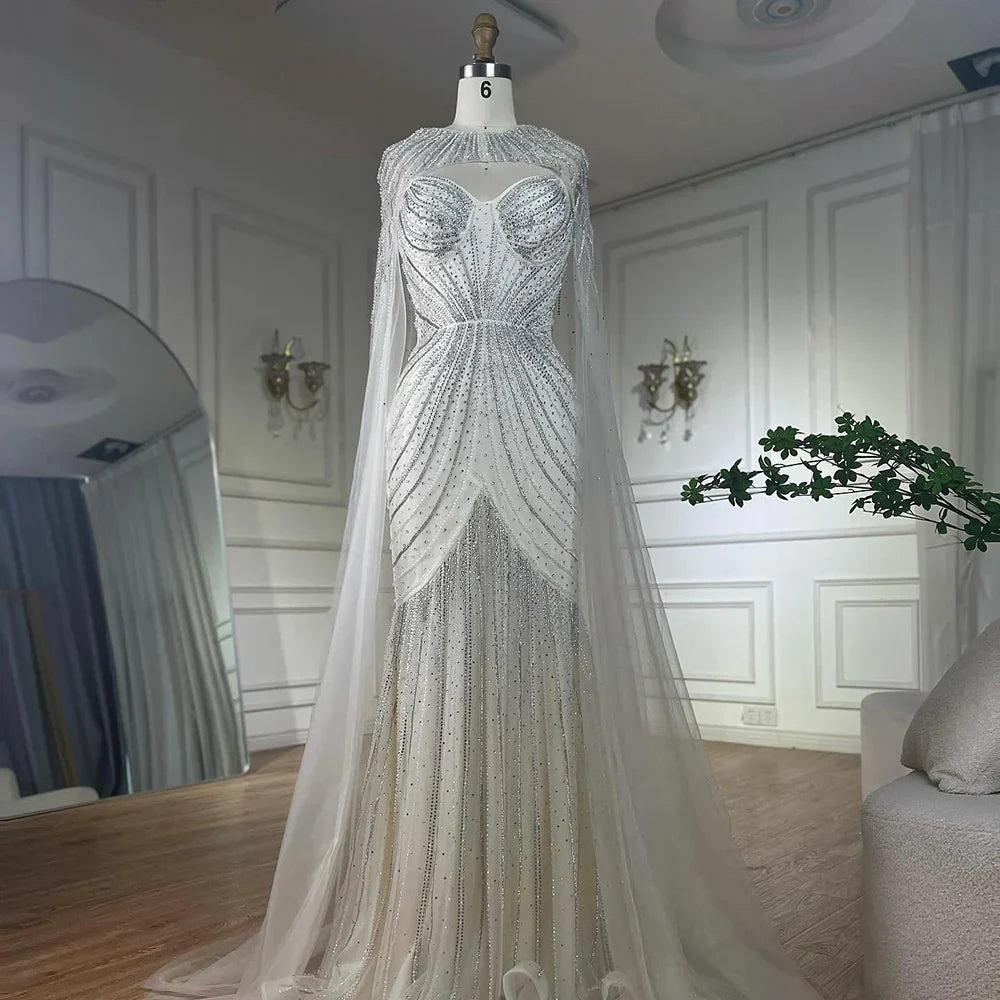 Vestido de noche azul árabe con tirantes finos, cuentas y capa desmontable para ocasiones formales 2025 LA72784 