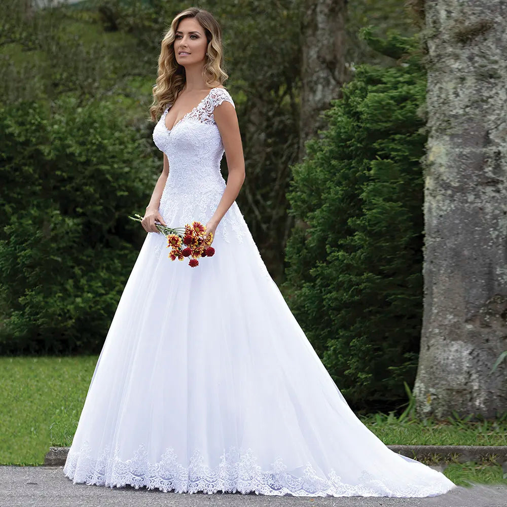 Robe De mariée blanche Pure, élégante, manches cape, Sexy, col en V, dentelle