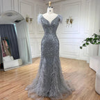 Champagne Luxury V-Neck Sexy Mermaid Evening Dresses 2025 Diamond Feathers Sleeveless Formal Dress LA70350