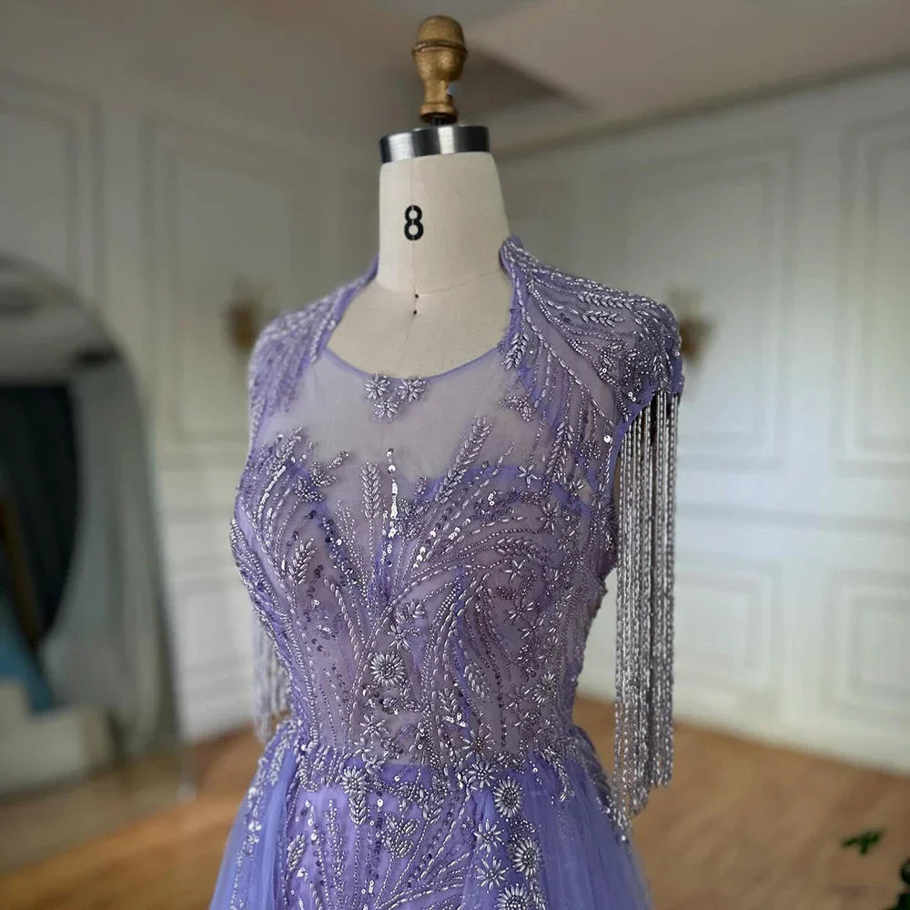 Vestido de noche de lujo de Dubái, corte en A, elegante, color lila árabe, con borlas y cuentas, modelo LA72422 (2025). 