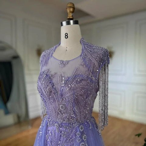 Robe de soirée élégante de style arabe lilas, coupe trapèze, avec pompons et perles, tenue de soirée de luxe à Dubaï, pour femme, tenue de mariage, LA72422, 2025 