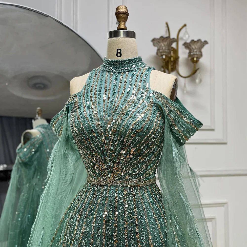 Vestido largo de noche corte A con mangas capa, bordado de plumas y cuentas, estilo árabe turquesa, para mujer, ideal para bodas y fiestas (LA72644)