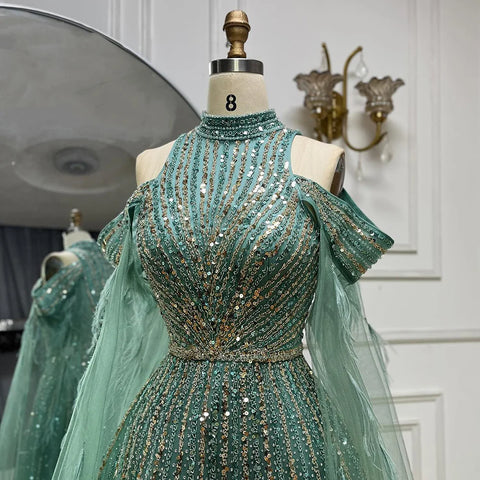 Robe de soirée longue style arabe turquoise, manches cape, coupe trapèze, perles et plumes, pour femme, tenue de mariage, LA72644 