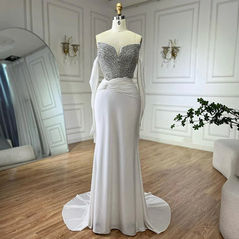Robe de soirée élégante blanche style arabe, bustier, avec perles en cristal et gants, pour une occasion spéciale, LA72758, 2025 