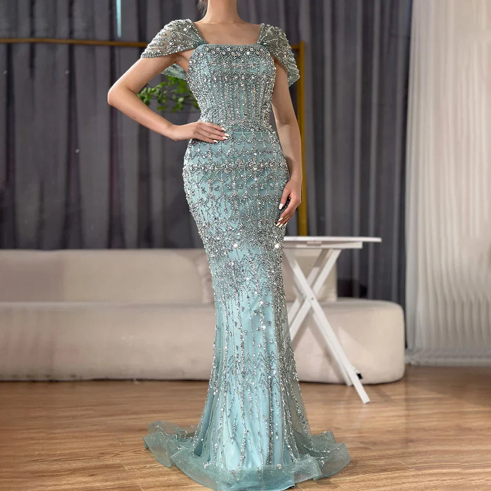 Vestido de noche de sirena de lujo blanco árabe de Dubái con mangas casquillo LA72714