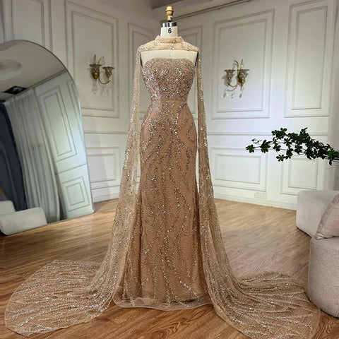 Robe de soirée sirène nude avec manches cape amovibles et dos lacé pour une occasion formelle LA72824 