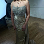 High Split With Skirt Mermaid Nude Sexy Strapless CRYSTAL Beaded Evening Dresses Gowns For Women Party 2025 LA72135