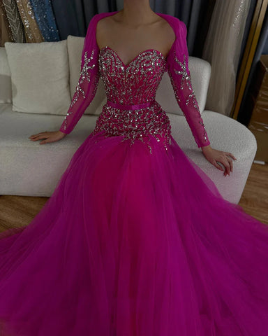 Robe de soirée sexy style arabe fuchsia, col en V, manches longues, perles, luxueuse, encolure en cœur, sans retour, LA71810 
