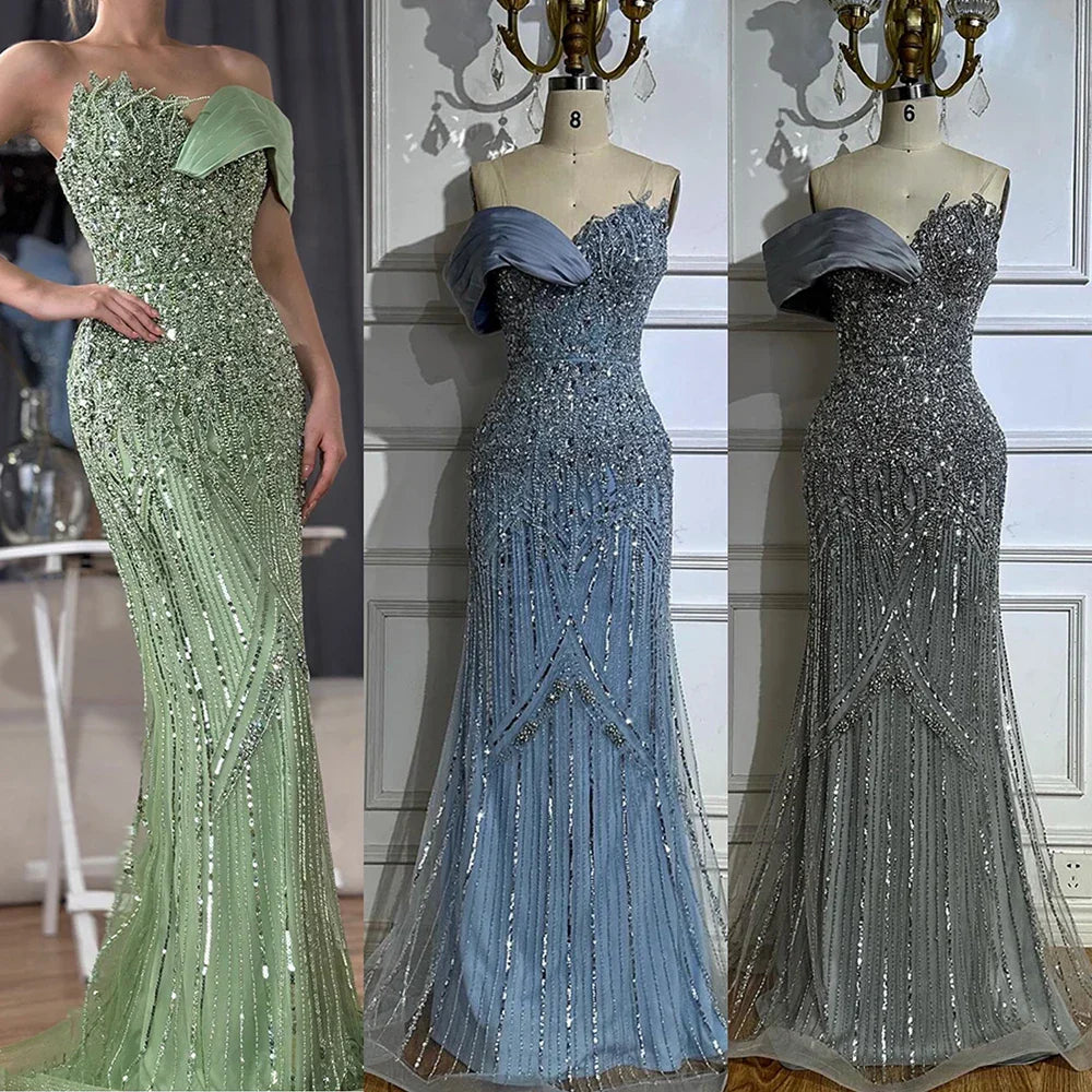 Vestido de noche largo, elegante, verde, estilo sirena, con un solo hombro y cuentas, estilo árabe, para ocasiones formales LA72650 