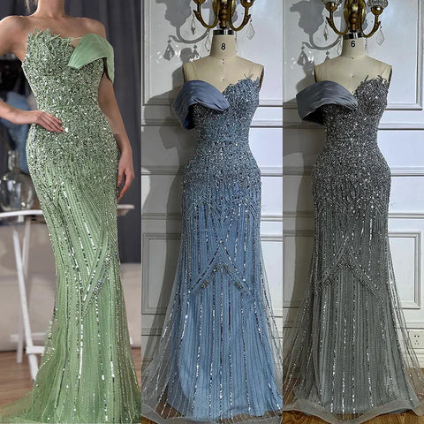 Robe de soirée longue style sirène verte, élégante, asymétrique, perlée, pour une occasion spéciale, LA72650 