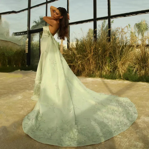 Vestido de noche de lujo con estampado de hojas 3D en color verde salvia, estilo Dubái, con capa LA72724 