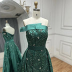 Vestido de noche verde árabe de satén con un solo hombro, bordado con cuentas, sobrefalda y abertura para ocasiones formales LA72178 