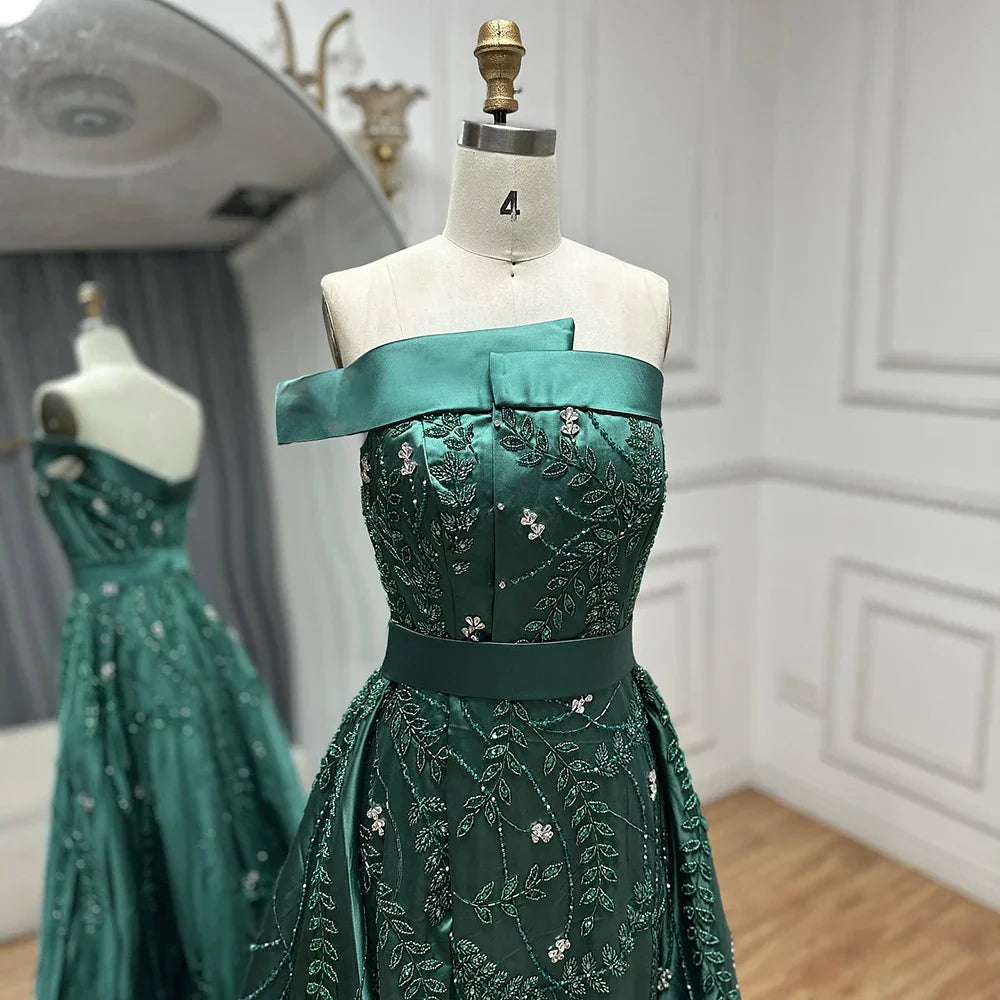 Vestido de noche verde árabe de satén con un solo hombro, bordado con cuentas, sobrefalda y abertura para ocasiones formales LA72178 