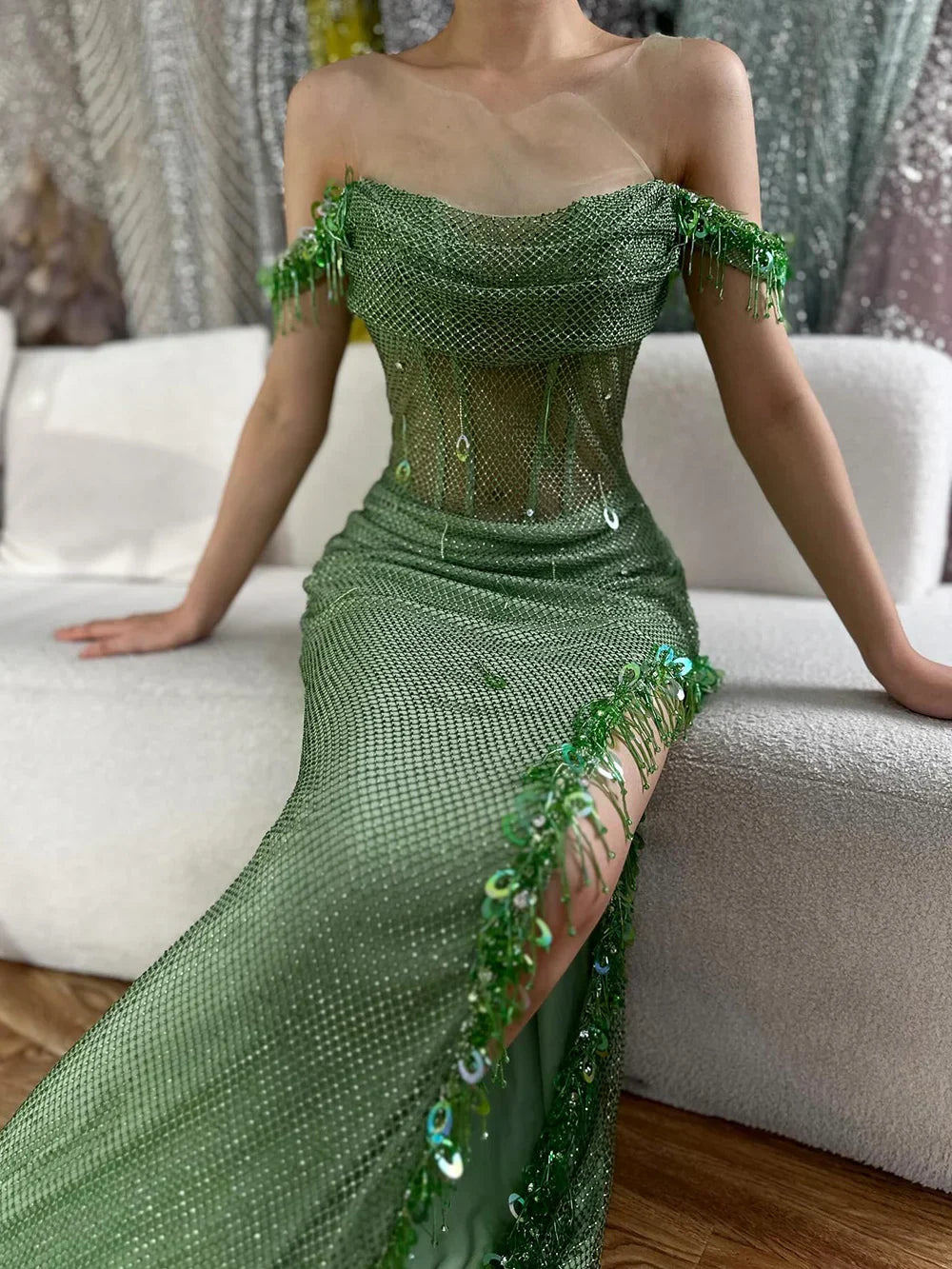 Arabic Green Crystal Tassel Saudi Evening Dresses Gowns High Split Prom Dress for Women Wedding Party 2025 LA72490