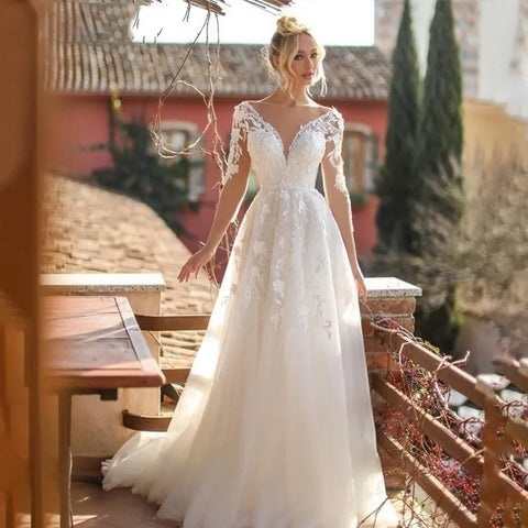 Vestidos De Novia elegantes con cuello en V, mangas largas, Apliques De encaje, Vestido De Noiva sin espalda, Vestidos De Novia De tul