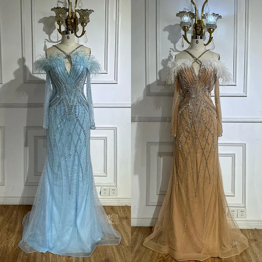 Vestidos de noche de sirena de lujo con plumas azules y cuentas para mujer, ideales para ocasiones formales (LA72836)
