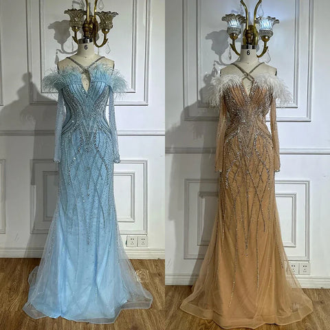 Vestidos de noche de sirena de lujo con plumas azules y cuentas para mujer, ideales para ocasiones formales (LA72836)