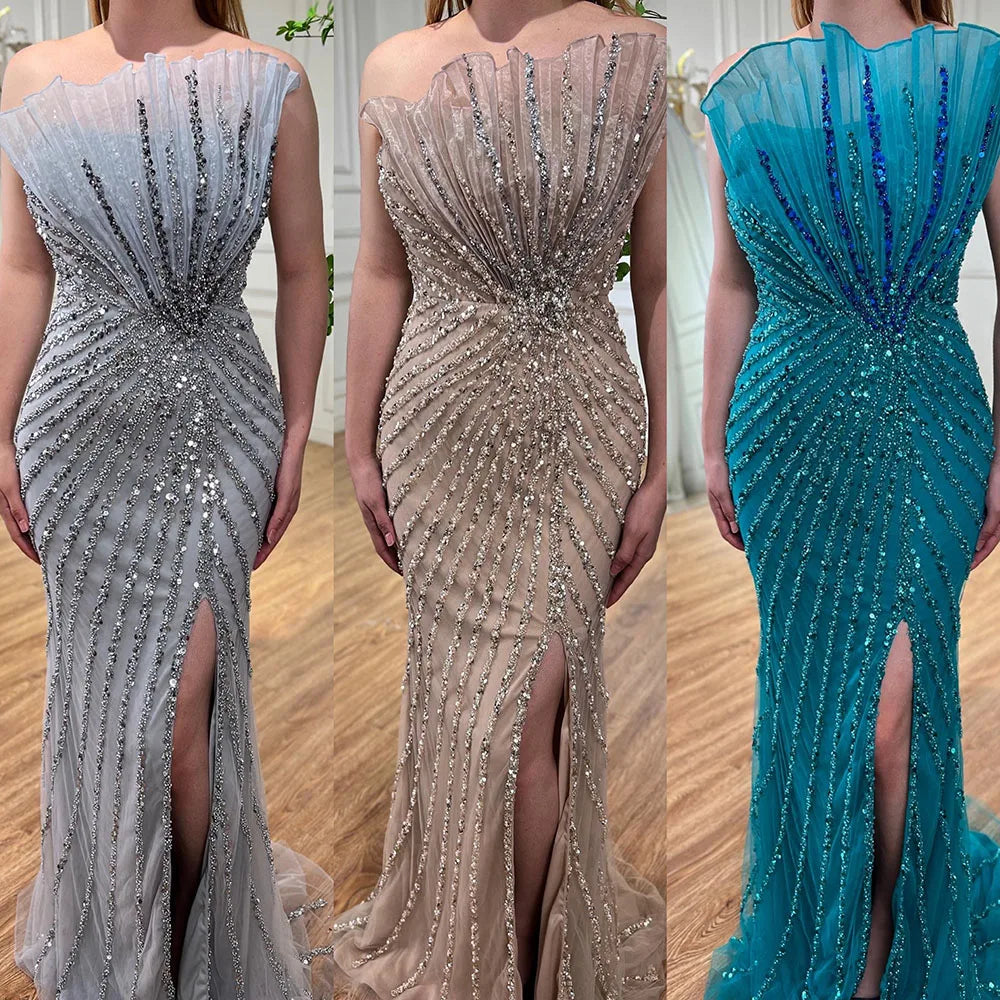 Caramel Sexy High Split Off Shoulder Mermaid Evening Dresses Beaded Gowns 2025 For Women Wedding Party LA72049