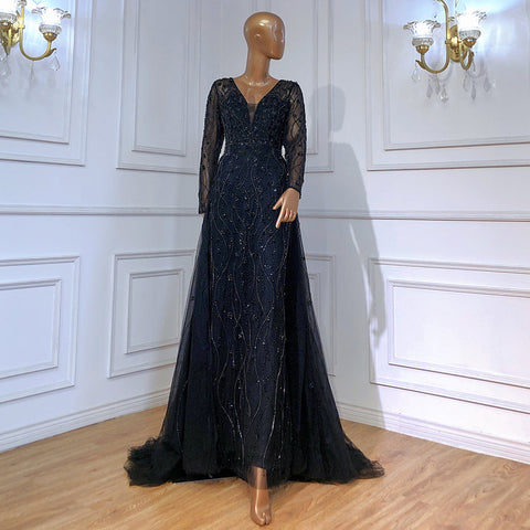 Moslim Noir Luxe Élégant Avond Jurken 2025 Kralen Diamant Sirène Pour Vrouwen Party LA70341A 