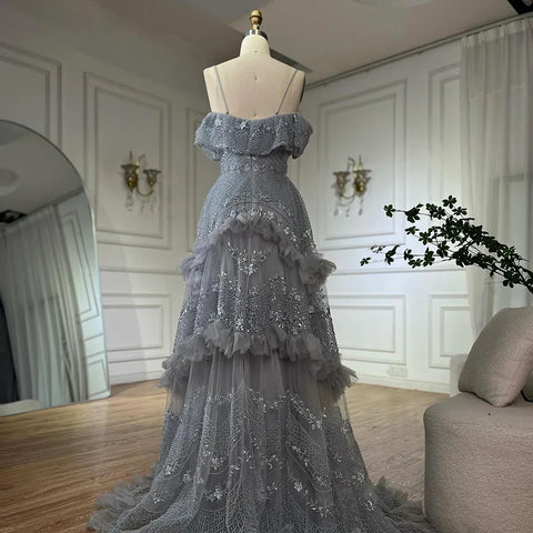 Luxury Silver Gray Off Shoulder Dubai Evening Dress LA72762