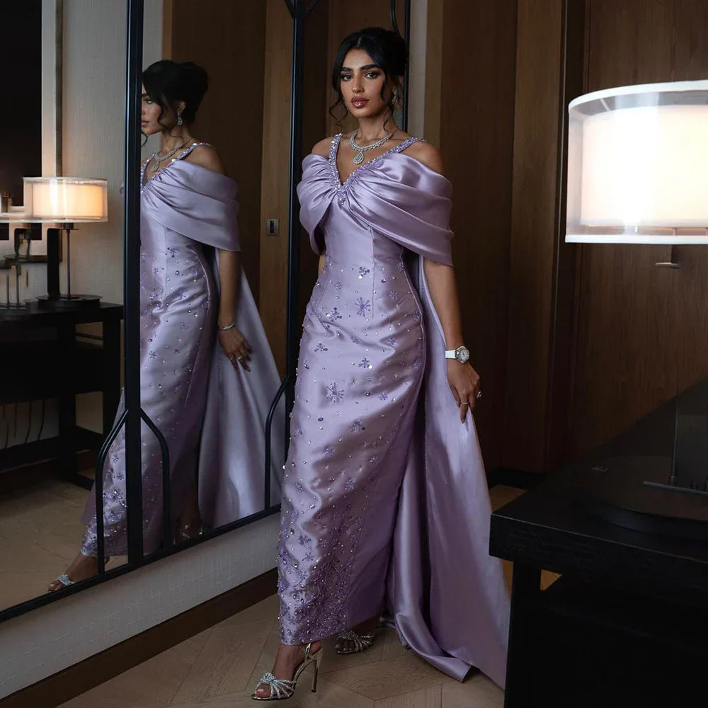 Lilac Off Shoulder Lilac Evening Dress with Cape Beaded Wedding Party Gowns LA72529
