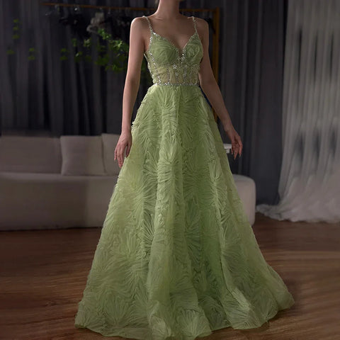 Robe de bal élégante vert sauge 2025, dos nu, bretelles spaghetti, coupe trapèze, pour femme | Mariage LA72636 