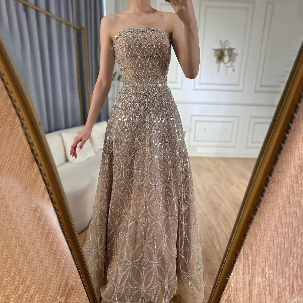 Vestido de noche largo, elegante, sin tirantes, con cuentas, corte en A, color gris árabe, modelo LA72755 (2025) 