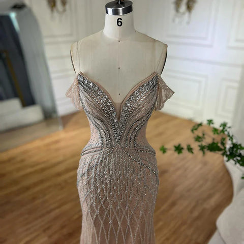 Robe de soirée sirène en tulle perlé couleur chair, épaules dénudées, style arabe saoudien, pour une occasion formelle, LA72854, 2025 