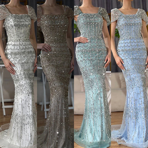 Vestido de noche de sirena de lujo blanco árabe de Dubái con mangas casquillo LA72714