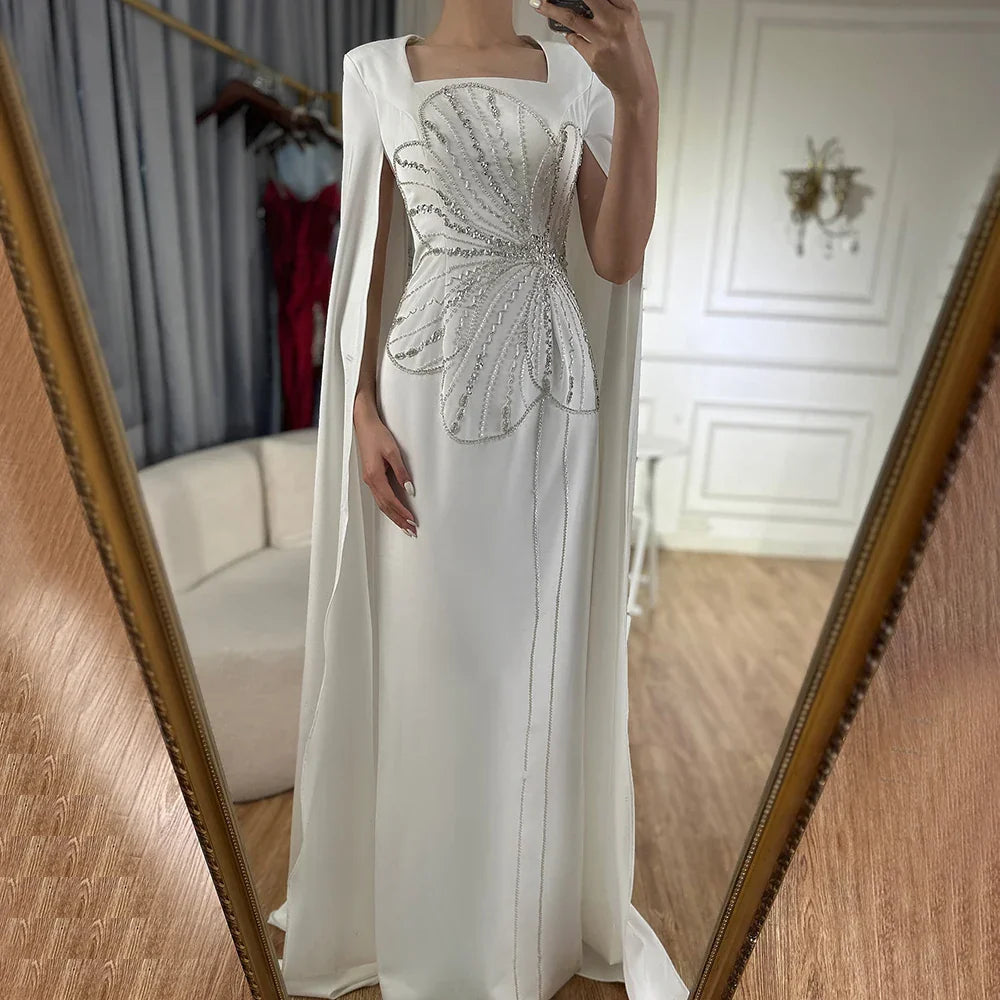 Vestido de noche de lujo estilo sirena, elegante, con mangas capa, bordado en satén y cuentas, estilo árabe, ideal para fiestas y eventos en Dubái (LA72461) 