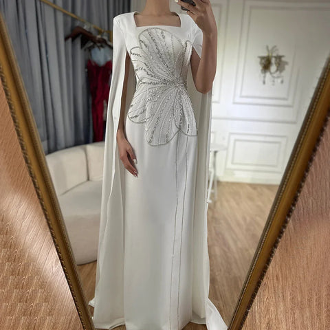 Arabic Black Mermaid Elegant Cape Sleeves Beaded Satin Luxury Dubai Evening Dresses Gowns For Women Party LA72461