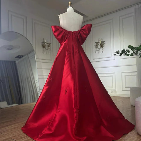 Elegante vestido de noche rojo con hombros descubiertos y flores 3D LA72778