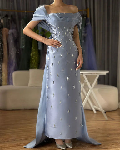 Robe de soirée sirène en satin bleu arabe, longueur cheville, avec perles et cristaux, pour femme, tenue de mariage, LA72414A 